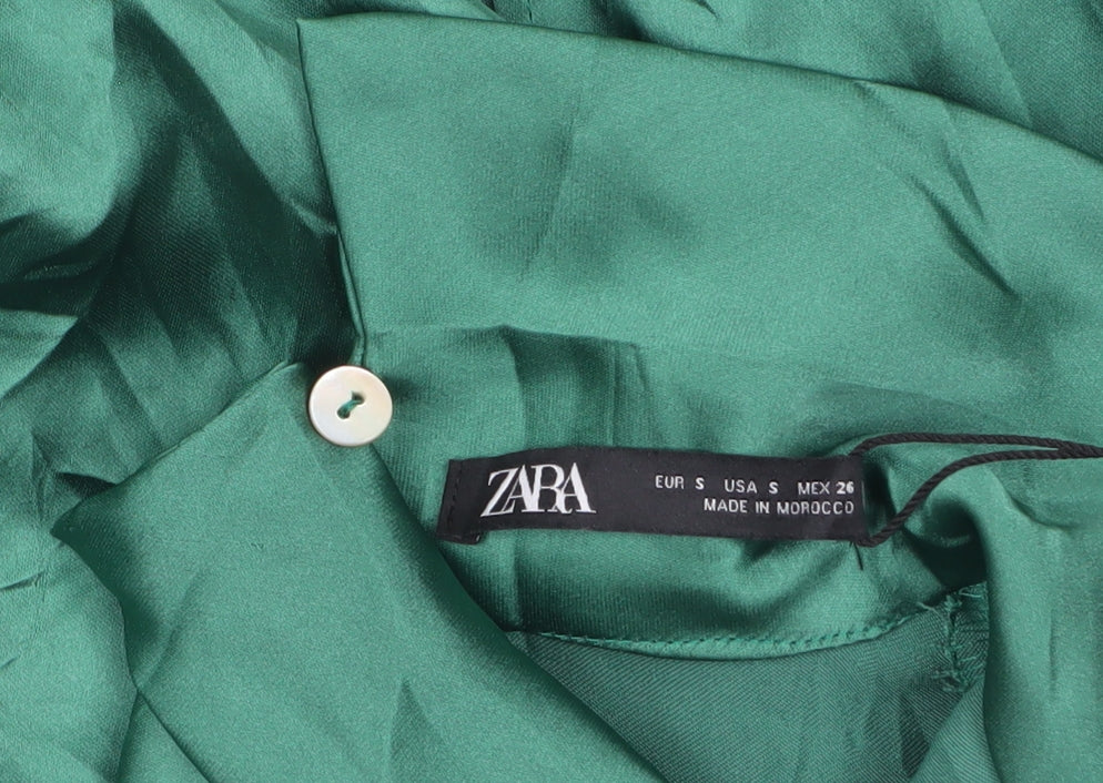Zara Women’s Green Satin Fit & Flare Midi Dress Size 8 Long Sleeve High Neck