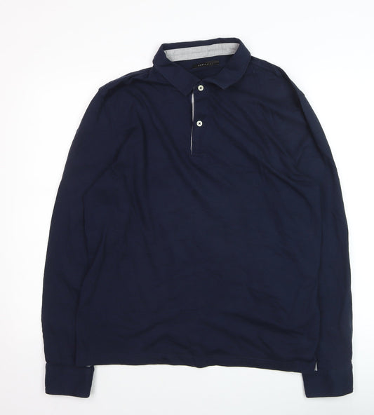 Cortefiel Men's Blue Long Sleeve Cotton Polo Shirt Size L