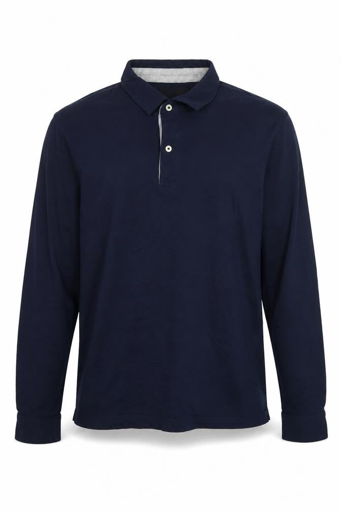 Cortefiel Men's Blue Long Sleeve Cotton Polo Shirt Size L