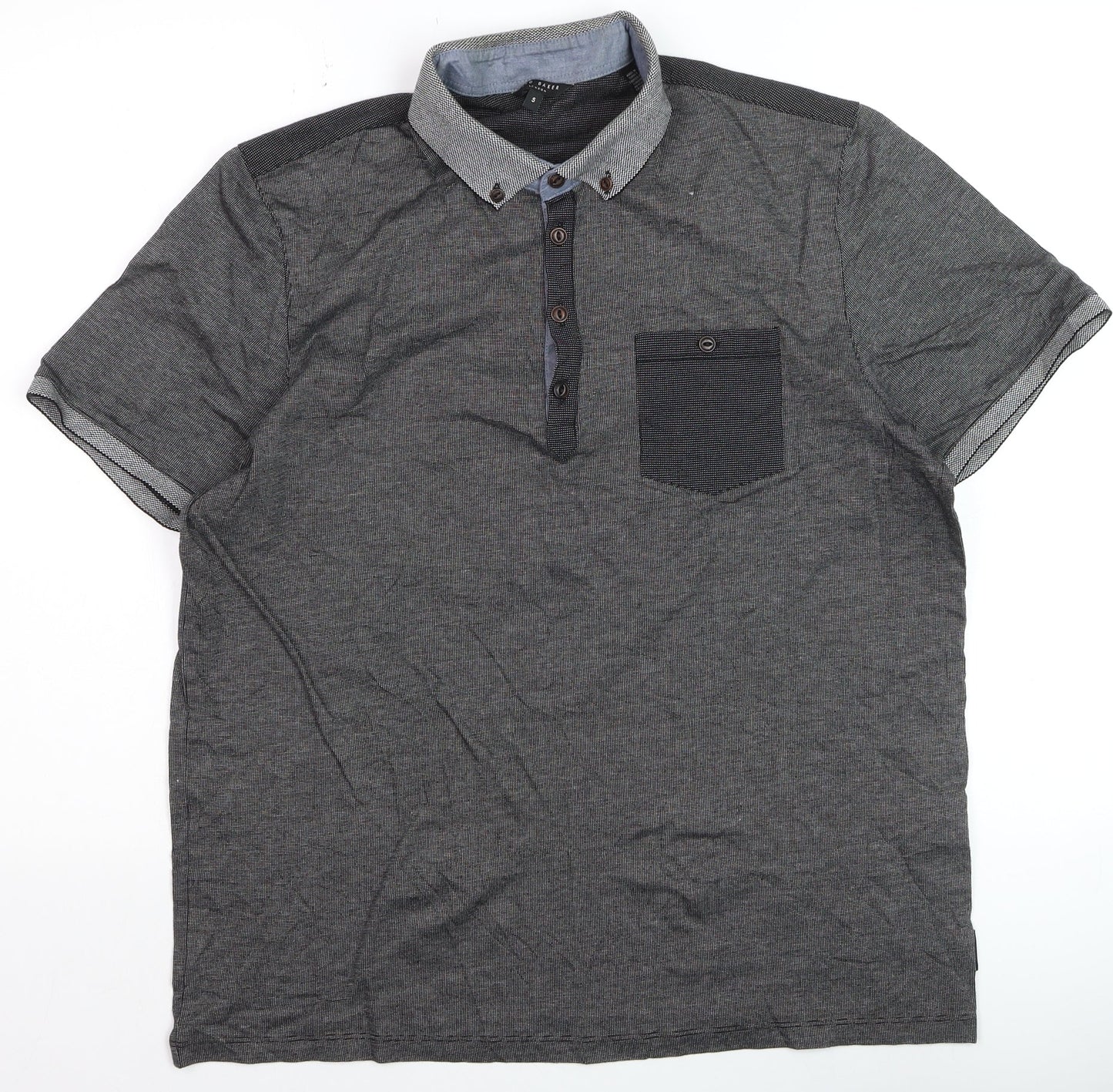 Ted Baker Men's Grey Button-Down Cotton Polo Shirt Size L