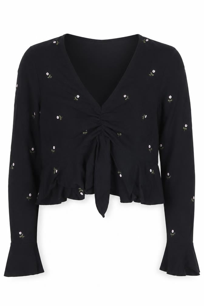Topshop Women’s Black Floral Embroidered Cropped Long Sleeve Blouse Size 10