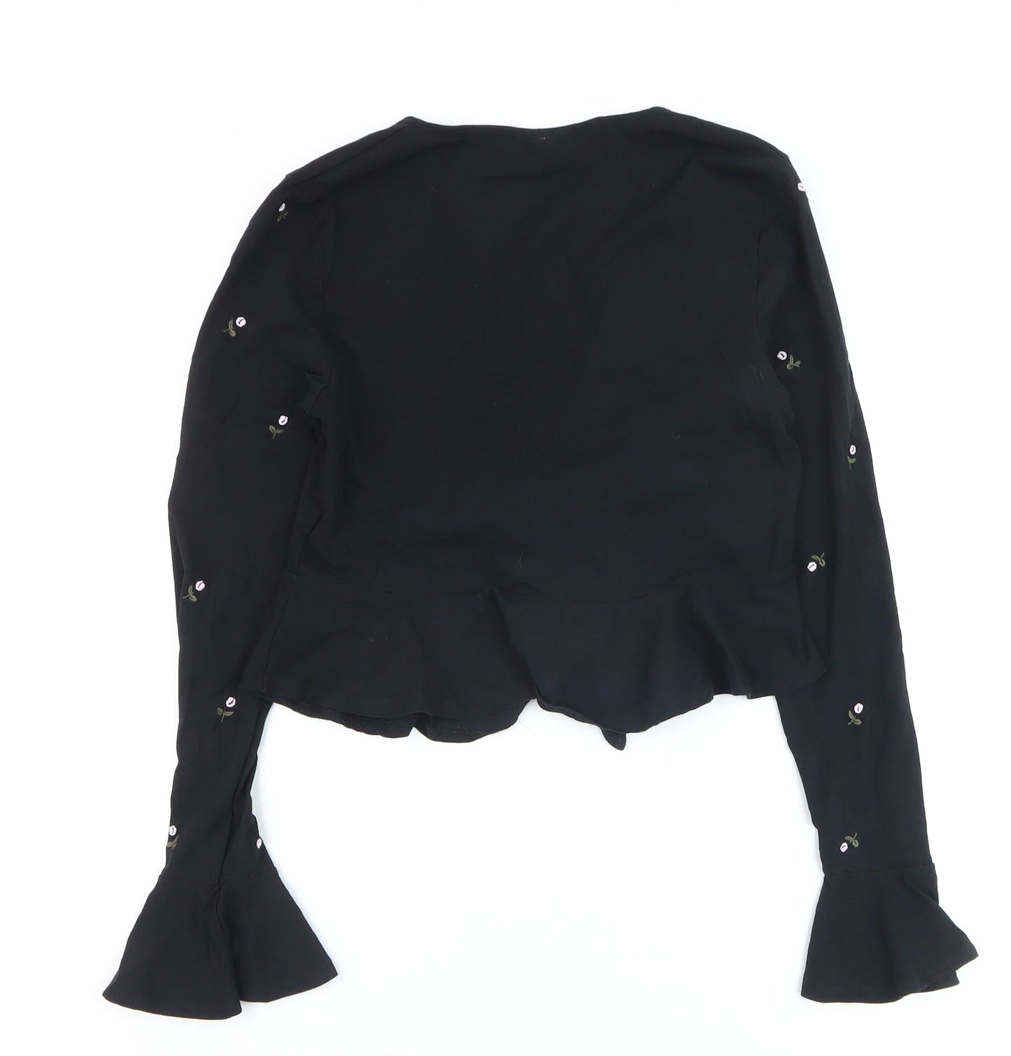 Topshop Women’s Black Floral Embroidered Cropped Long Sleeve Blouse Size 10