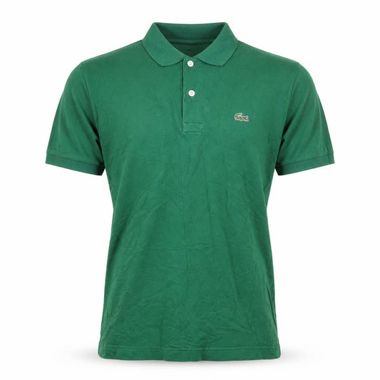 Front view of Lacoste men’s green short sleeve cotton polo shirt, size M
