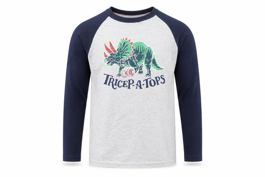 Front view of Joules boys’ grey long sleeve dinosaur tricep-a-tops cotton t-shirt 9-10 years