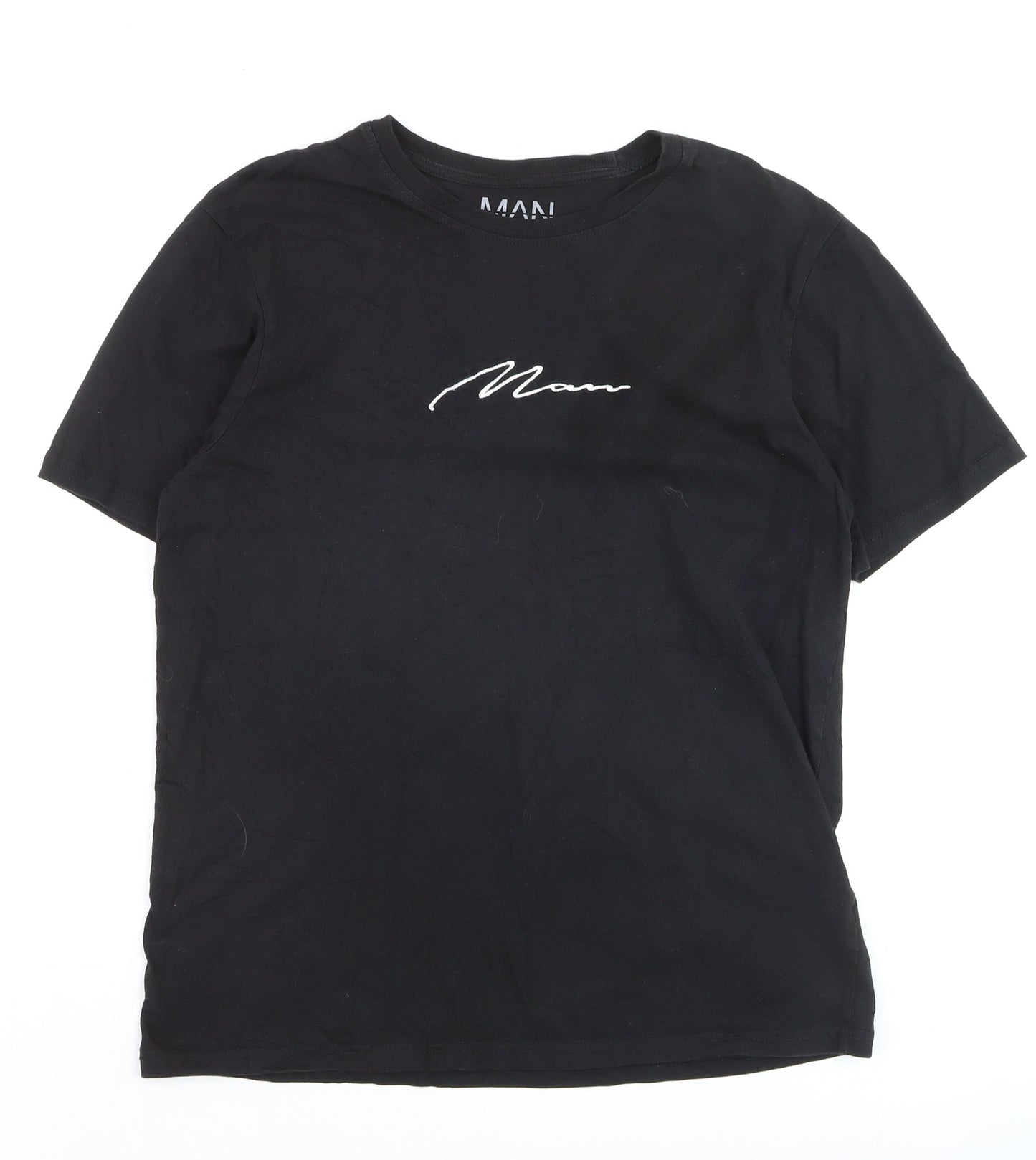 BoohooMAN Men's Black Crew Neck Embroidered Script T-Shirt Size M