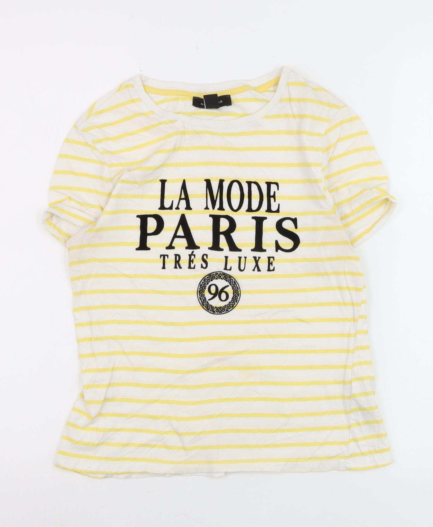 New Look Women's Yellow Striped Paris Print Cotton T-Shirt Size 8