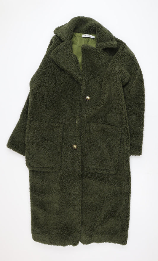 Gini London Women's Green Long Teddy Fleece Overcoat Size S
