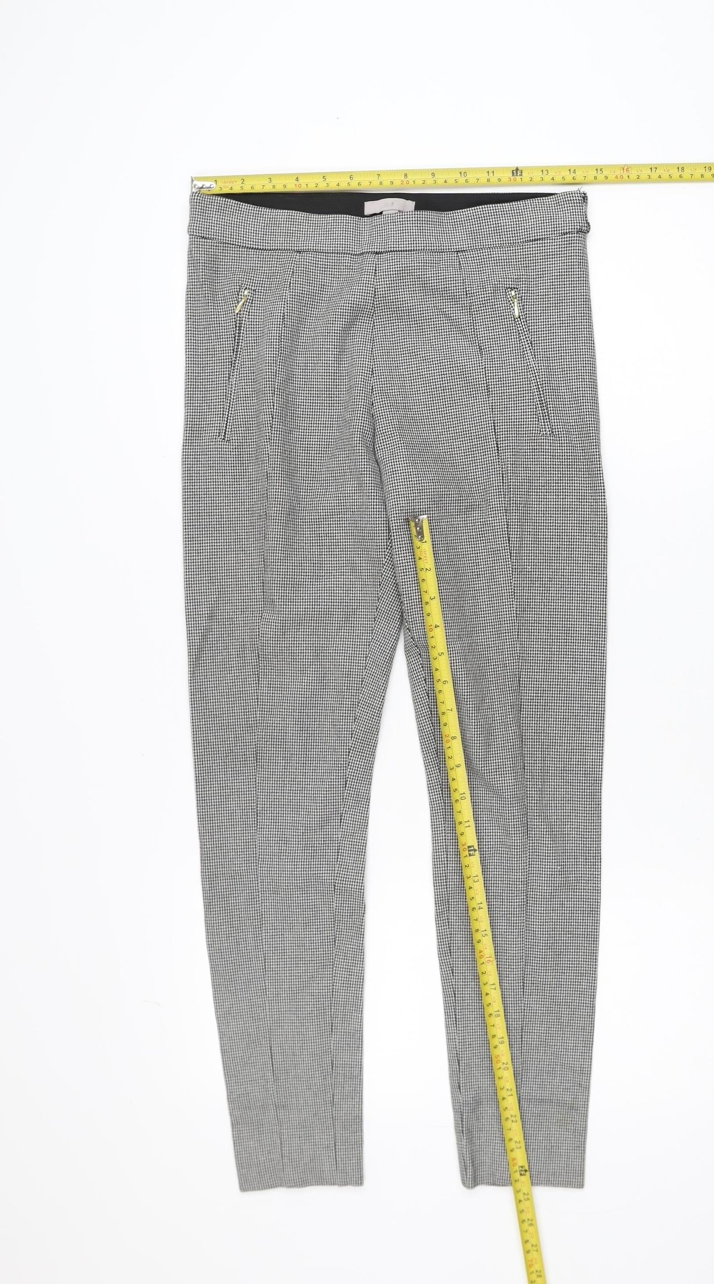 H&M Women Black Houndstooth Slim Leg Stretch Trousers UK 10