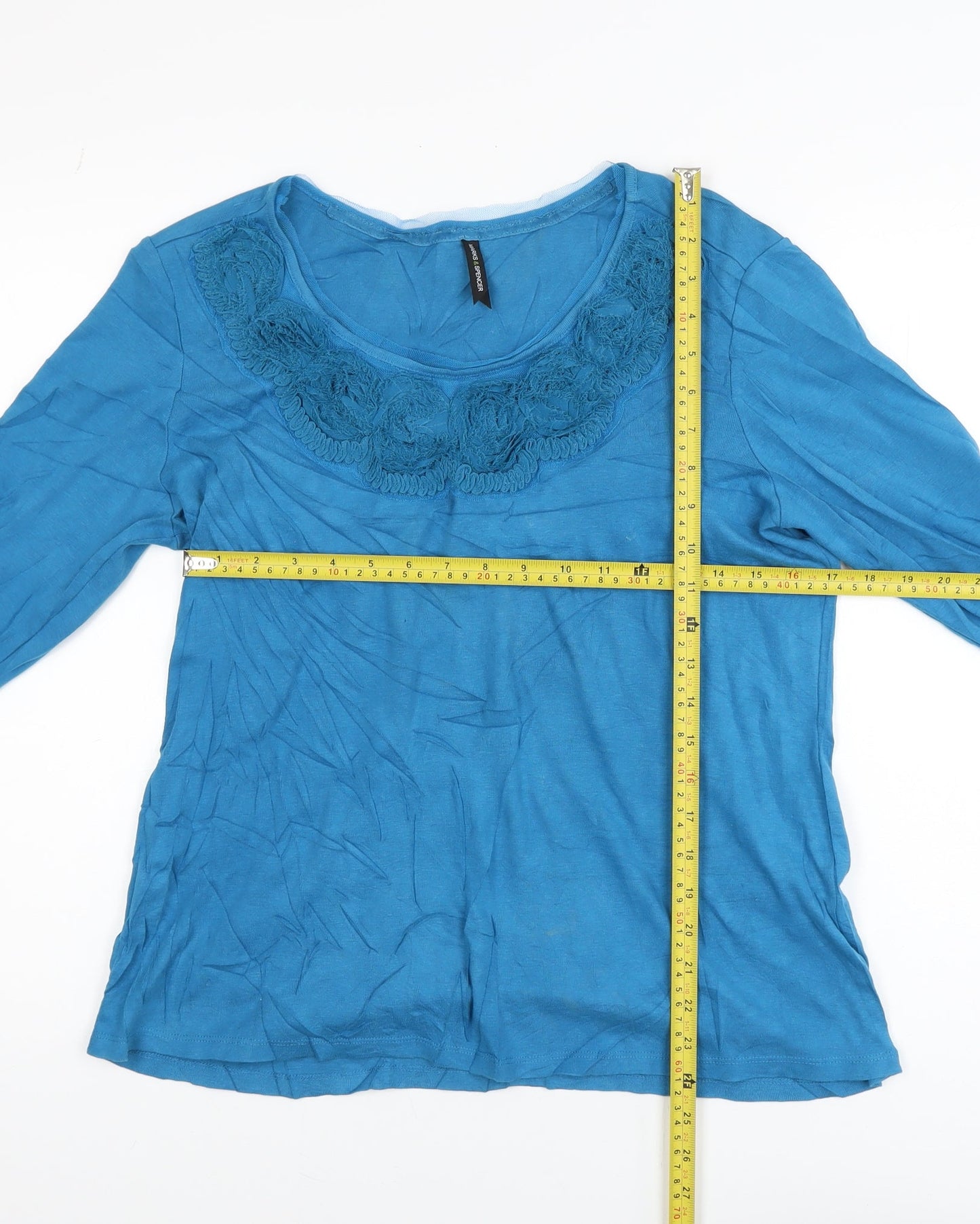Marks and Spencer Women's Blue Crochet Neck 3/4 Sleeve Cotton Tunic Blouse UK 18