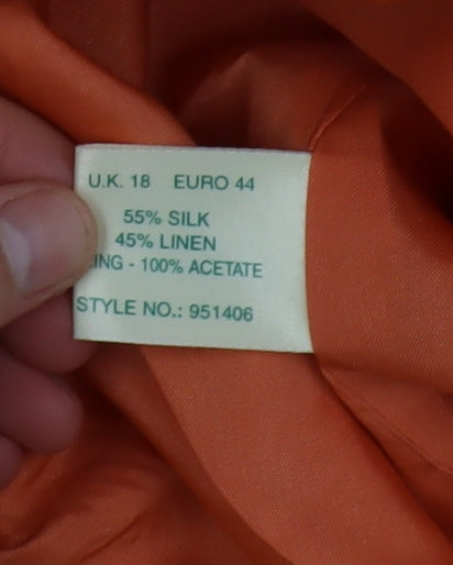 Kaliko Women's Orange Silk Linen Blazer Jacket UK 18 Lined Bow Detail