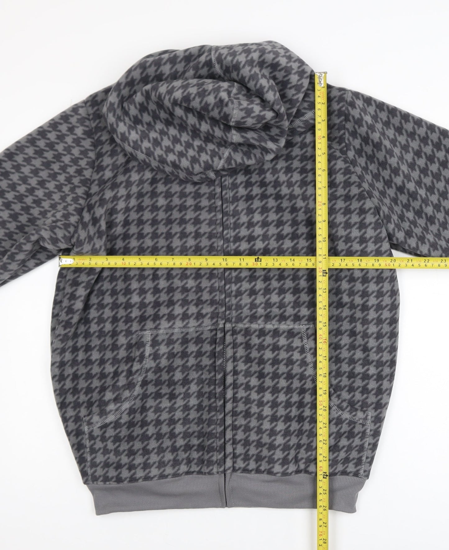 Cotton Traders Men's Grey Houndstooth Fleece Hooded Jacket Size M