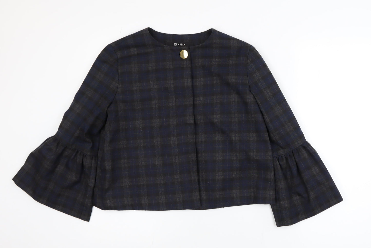 Zara Women Blue Check Short Blazer Size S Classic Button Jacket