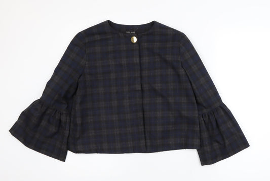 Zara Women Blue Check Short Blazer Size S Classic Button Jacket