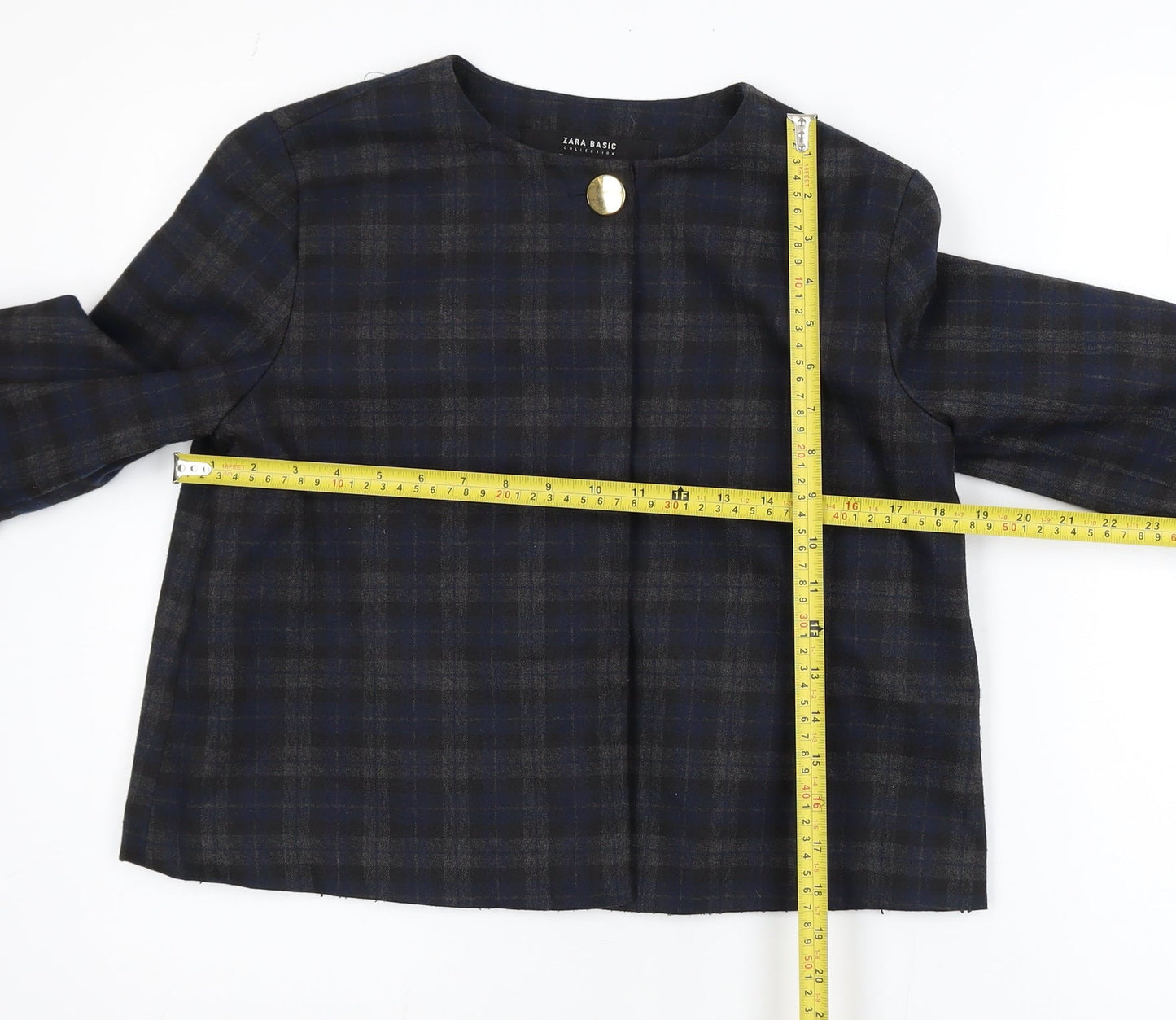 Zara Women Blue Check Short Blazer Size S Classic Button Jacket