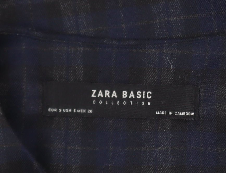 Zara Women Blue Check Short Blazer Size S Classic Button Jacket