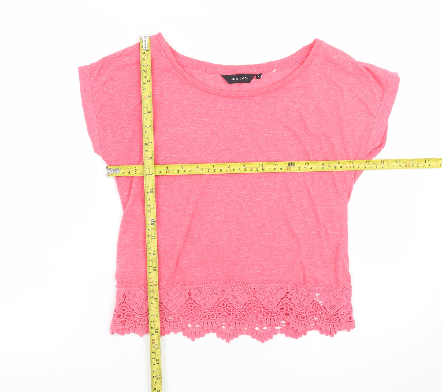 New Look Women Pink Cropped Lace Hem T-Shirt Size 10