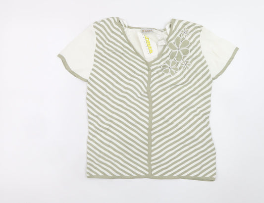 Roman Originals Women Beige Striped V-Neck Embroidered Short Sleeve T-Shirt Size S