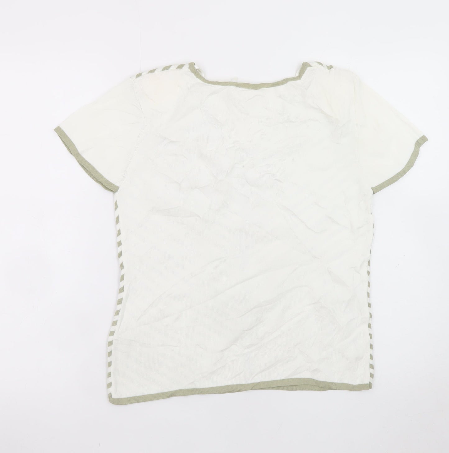 Roman Originals Women Beige Striped V-Neck Embroidered Short Sleeve T-Shirt Size S