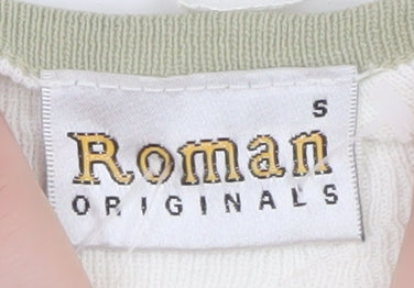 Roman Originals Women Beige Striped V-Neck Embroidered Short Sleeve T-Shirt Size S
