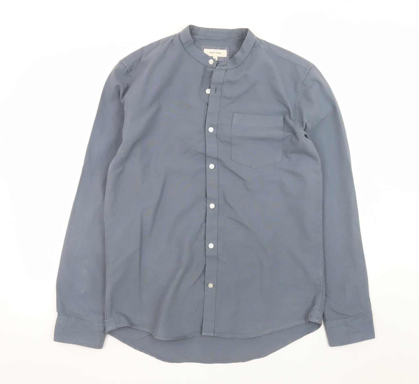 River Island Men's Blue Cotton Band Collar Button-Up Shirt M