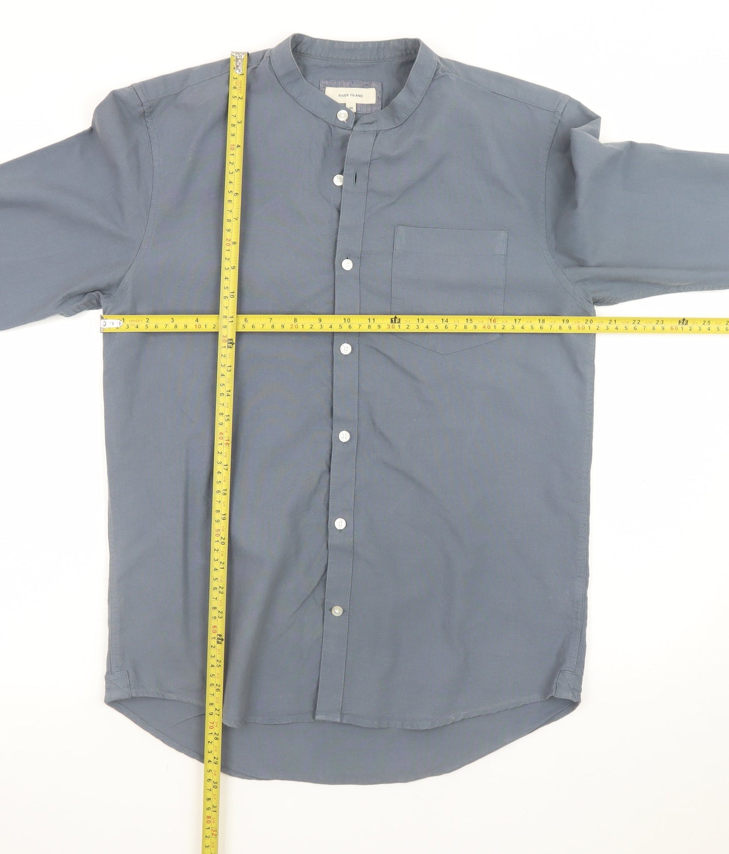 River Island Men's Blue Cotton Band Collar Button-Up Shirt M
