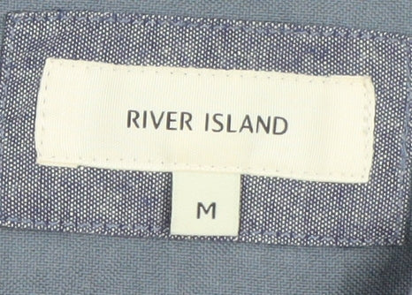 River Island Men's Blue Cotton Band Collar Button-Up Shirt M