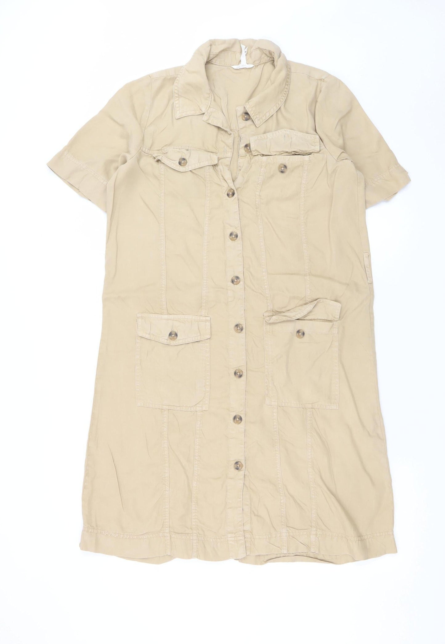 Object Women Beige Cotton Shirt Dress Size 10 Short Sleeve Casual
