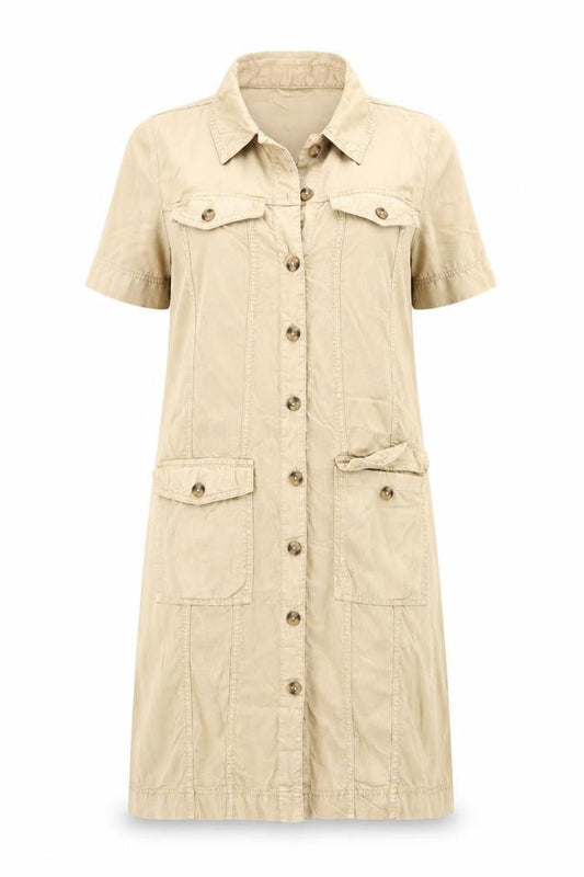 Object Women Beige Cotton Shirt Dress Size 10 Short Sleeve Casual
