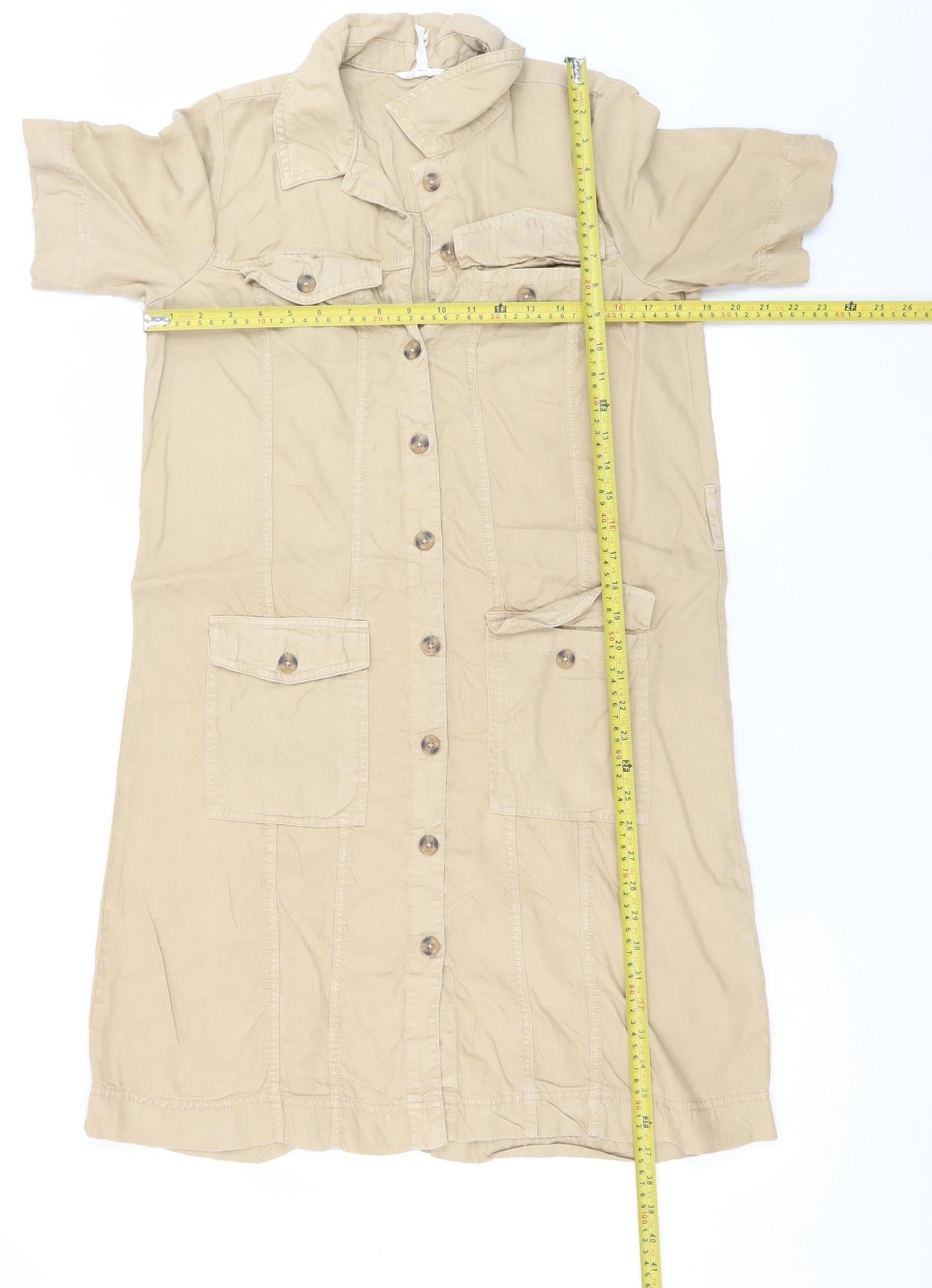 Object Women Beige Cotton Shirt Dress Size 10 Short Sleeve Casual