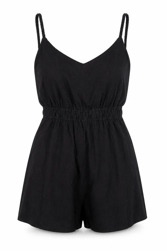 Front view of Zara Women Black Sleeveless Playsuit, size S, Elastic Waist Cutout Back