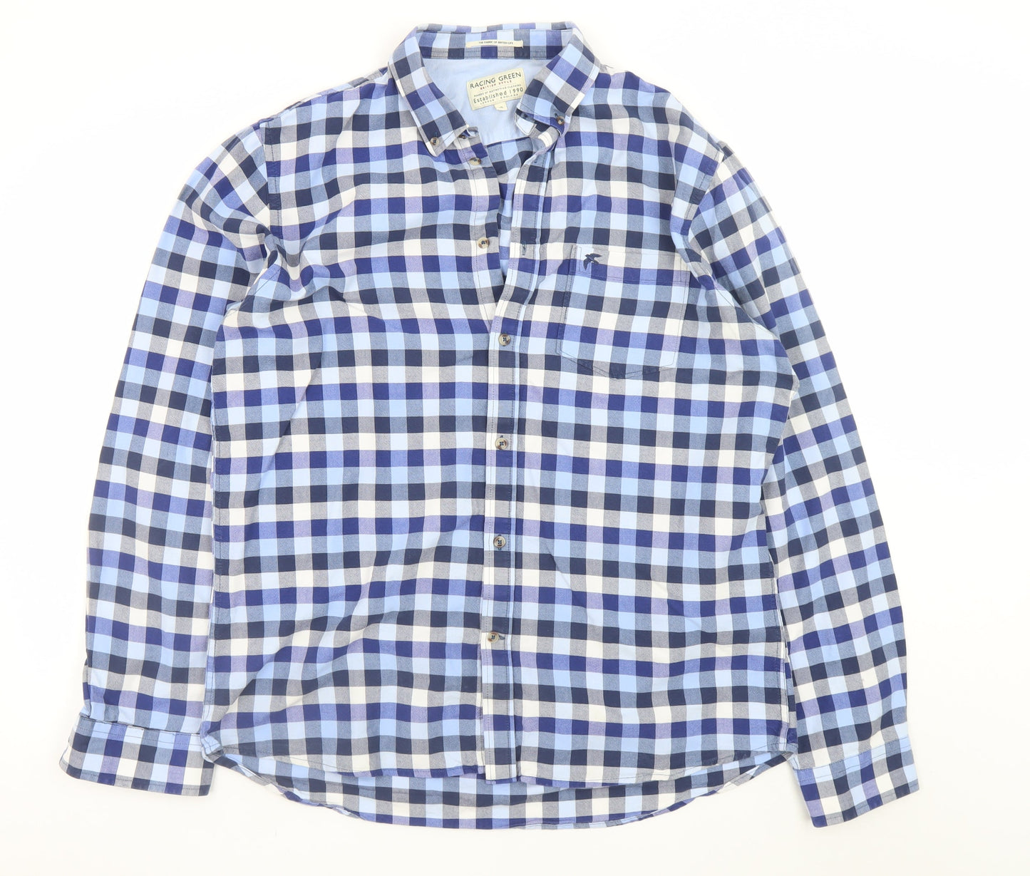 Racing Green Men's Blue Check Cotton Long Sleeve Dress Shirt XL