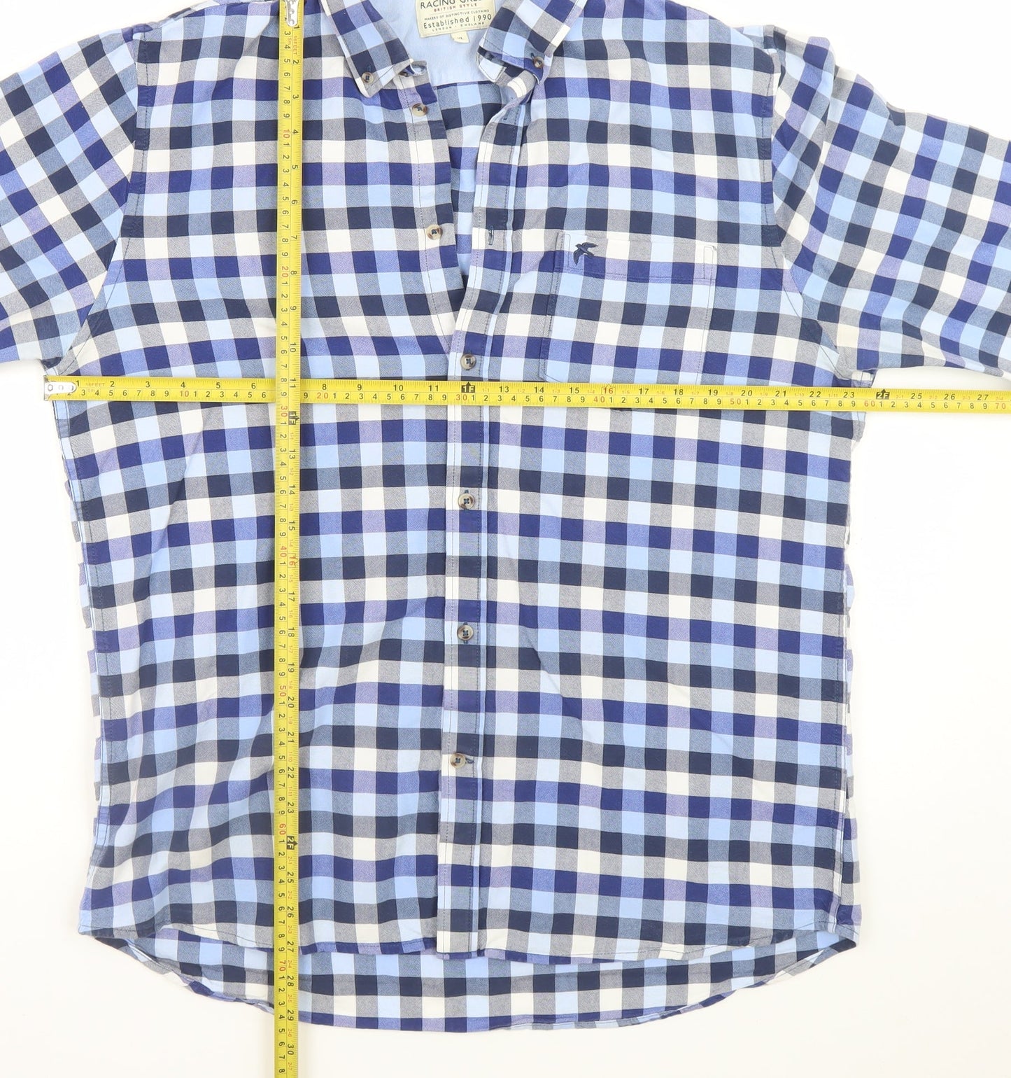 Racing Green Men's Blue Check Cotton Long Sleeve Dress Shirt XL