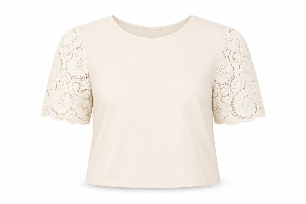 H&M Women’s Beige Lace Puff Sleeve Cropped Blouse Size S