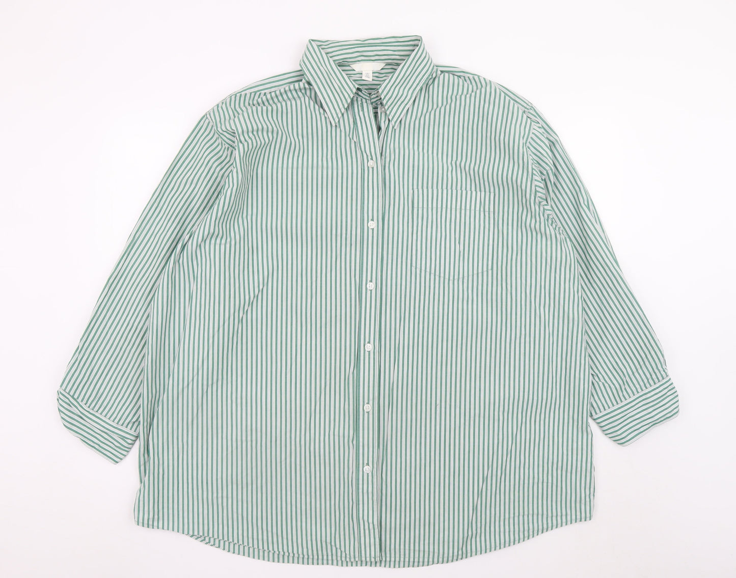 H&M Men's Green Striped Long Sleeve Cotton Dress Shirt Size S
