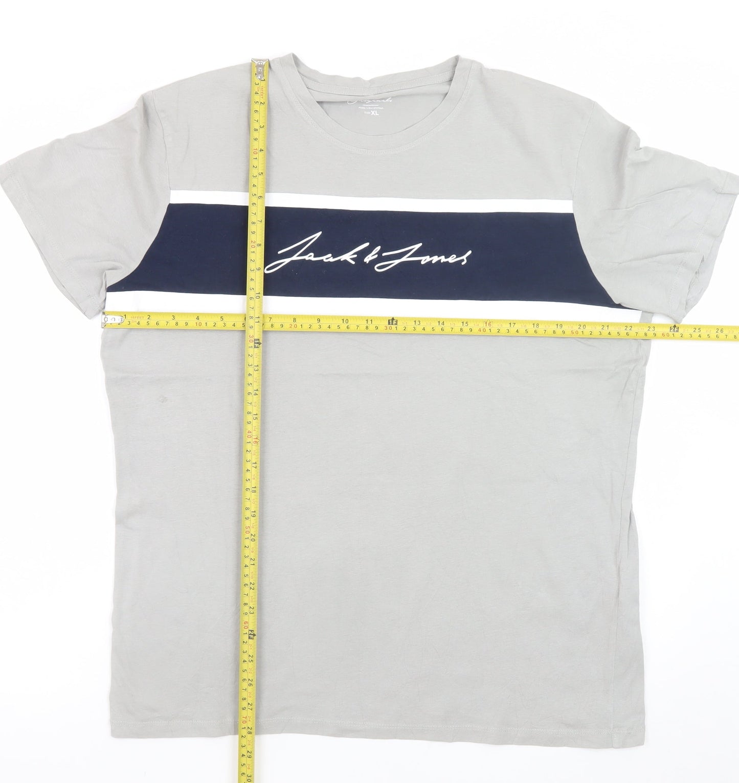 Jack & Jones Men's Grey Colourblock Logo Crew Neck T-Shirt XL