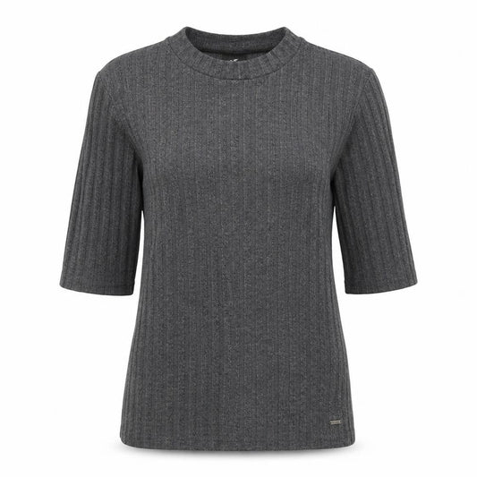 Front view of Hollister Women's Grey Slim Fit Knit 3/4 Sleeve T-Shirt S