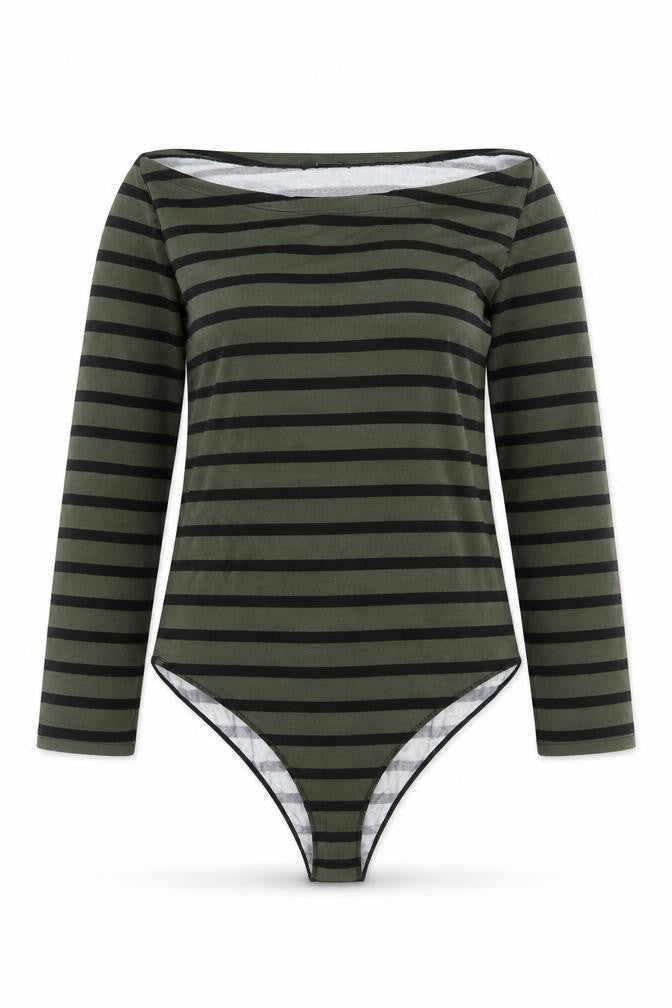 Tezenis Women's Green Striped Bodysuit Top M-L Long Sleeve Boat Neck
