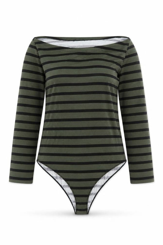 Tezenis Women's Green Striped Bodysuit Top M-L Long Sleeve Boat Neck