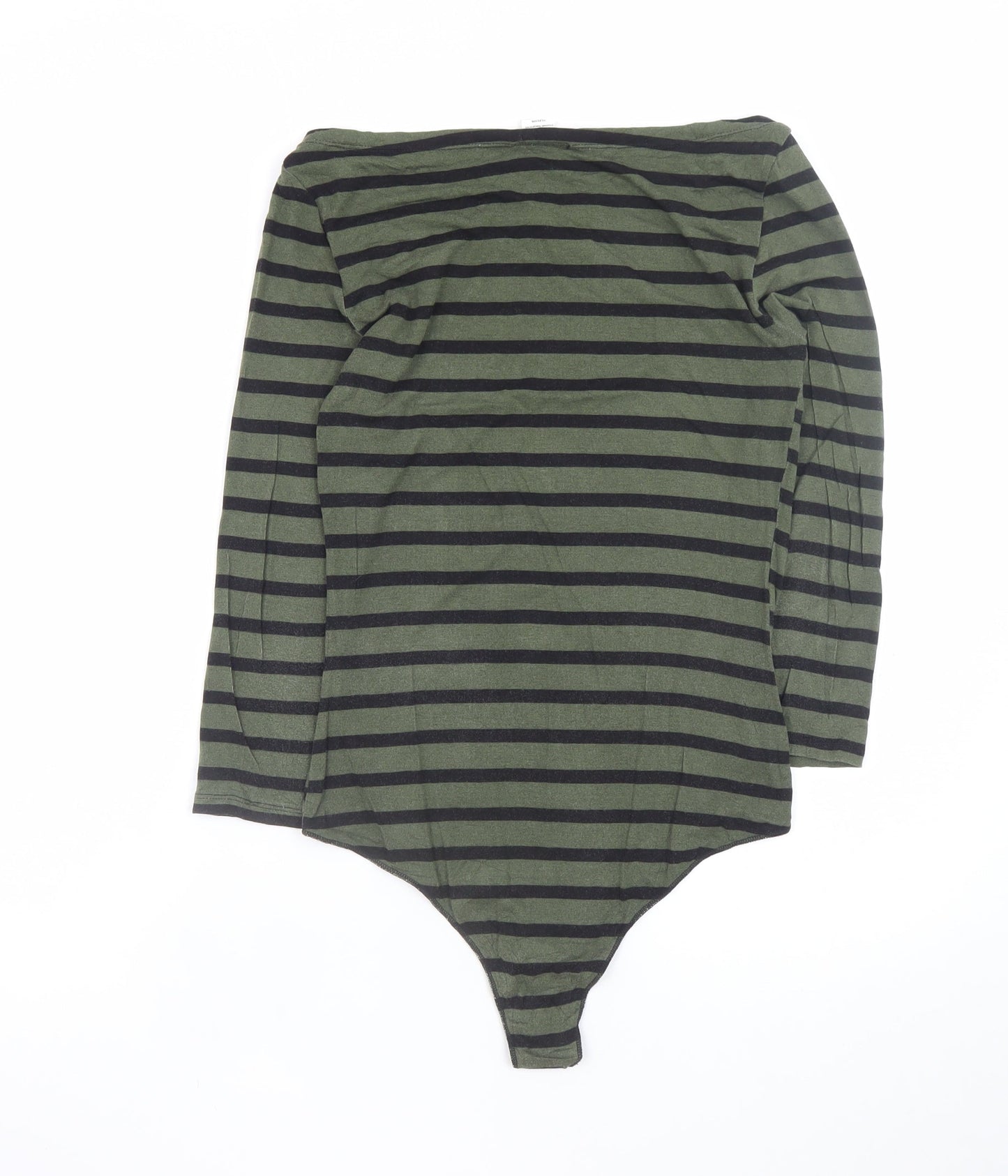 Tezenis Women's Green Striped Bodysuit Top M-L Long Sleeve Boat Neck