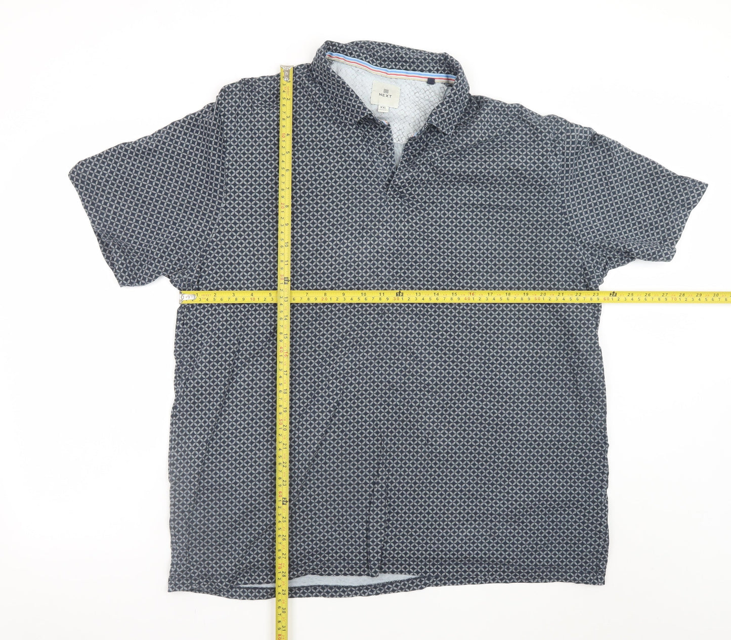 Next Men's Blue Geometric 2XL Cotton Short Sleeve Polo Shirt