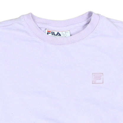 Brand and care label for Fila women’s lilac crew neck sweatshirt, size S, casual logo pullover