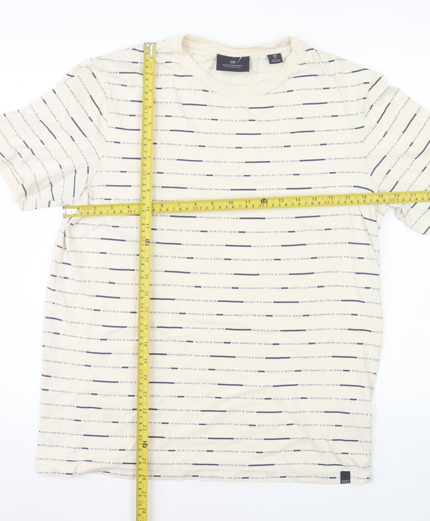 Scotch & Soda Men's Beige Striped Crew Neck Cotton T-Shirt M