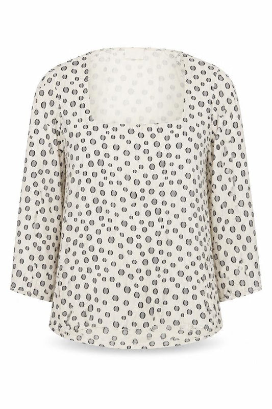 Front view of Kaliko women’s polka dot long sleeve top, size UK 12, beige viscose blend