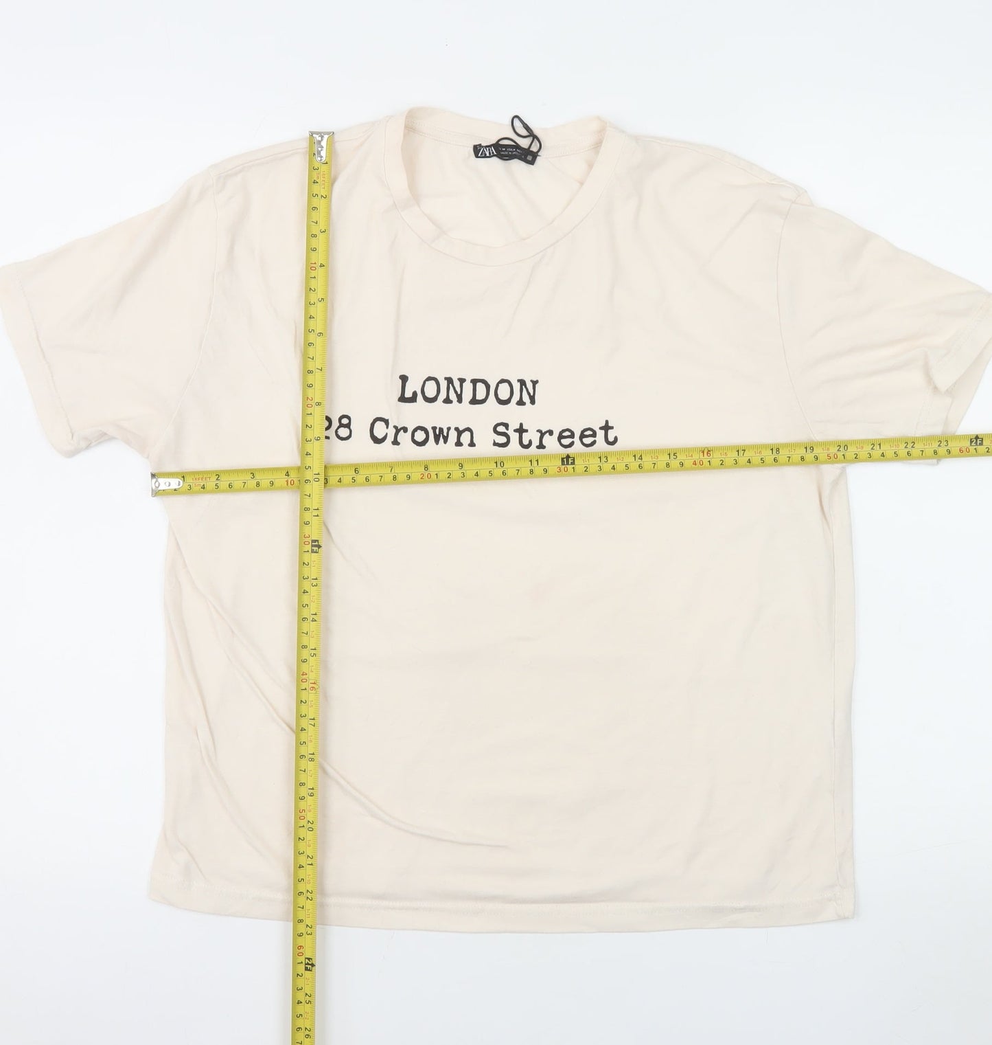 Zara Women Beige London Print Short Sleeve Basic T-Shirt M