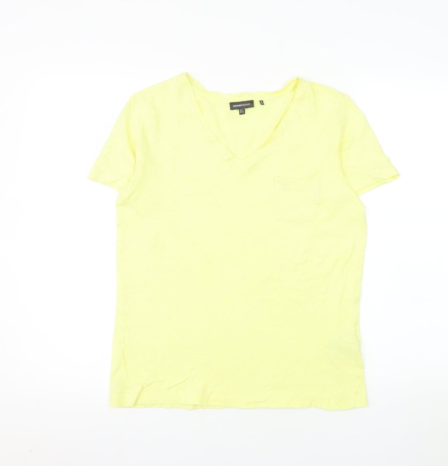 Superdry Women’s Yellow V-Neck Cotton Blend T-Shirt Size 8