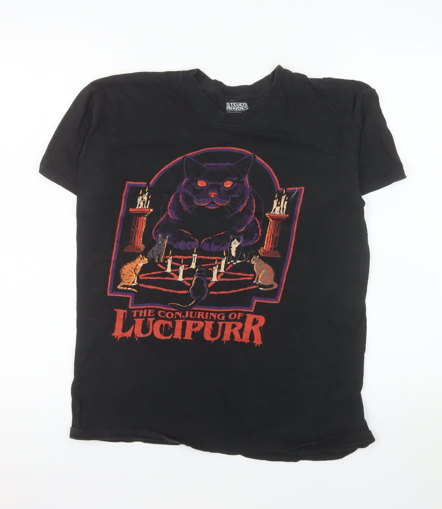 Steven Rhodes Men's Black The Conjuring of Lucipurr Funny Cat Graphic T-Shirt M