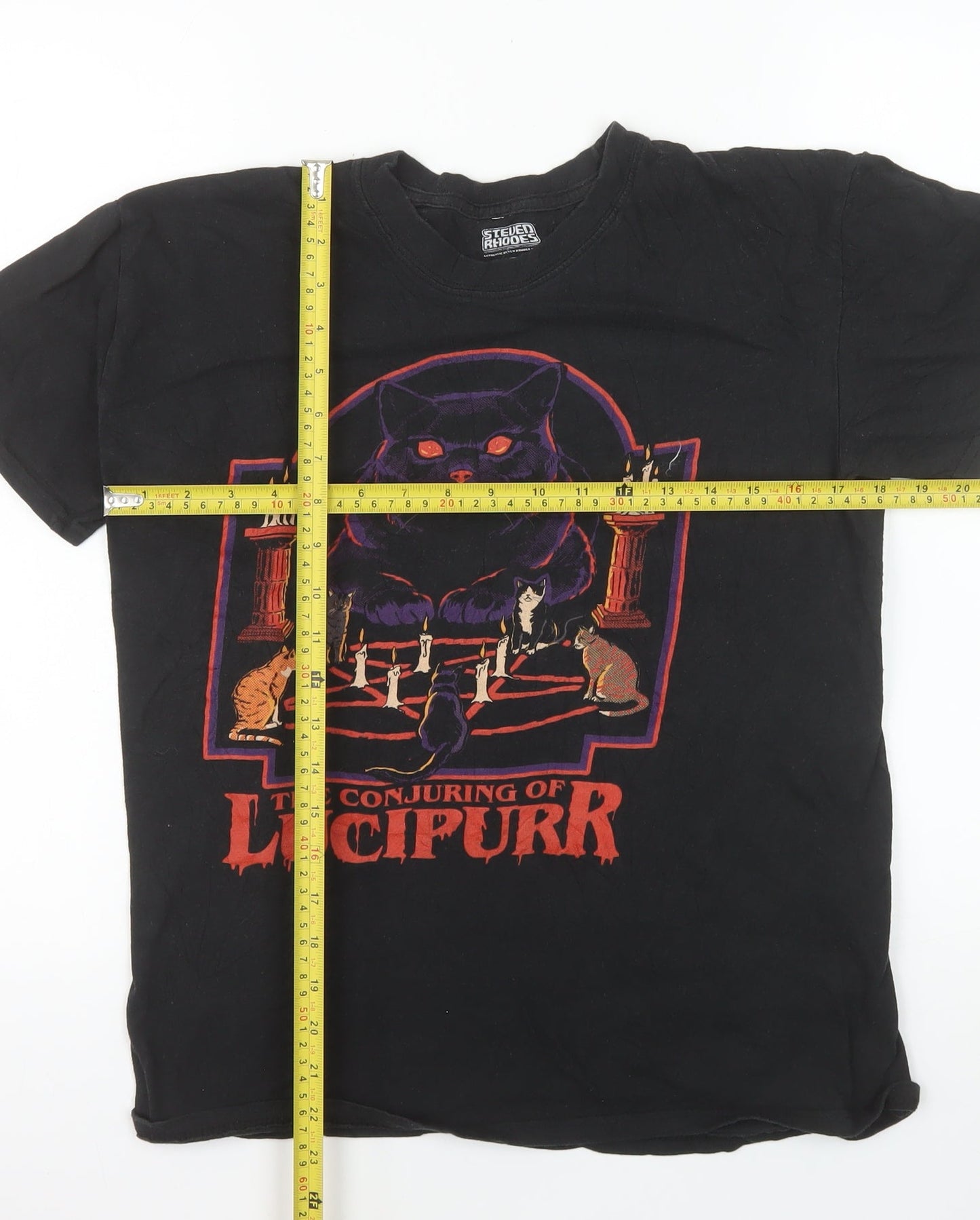Steven Rhodes Men's Black The Conjuring of Lucipurr Funny Cat Graphic T-Shirt M