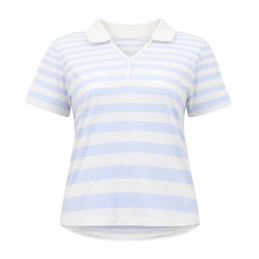 Front view of James Meade Women Blue White Striped Cotton Polo Shirt M