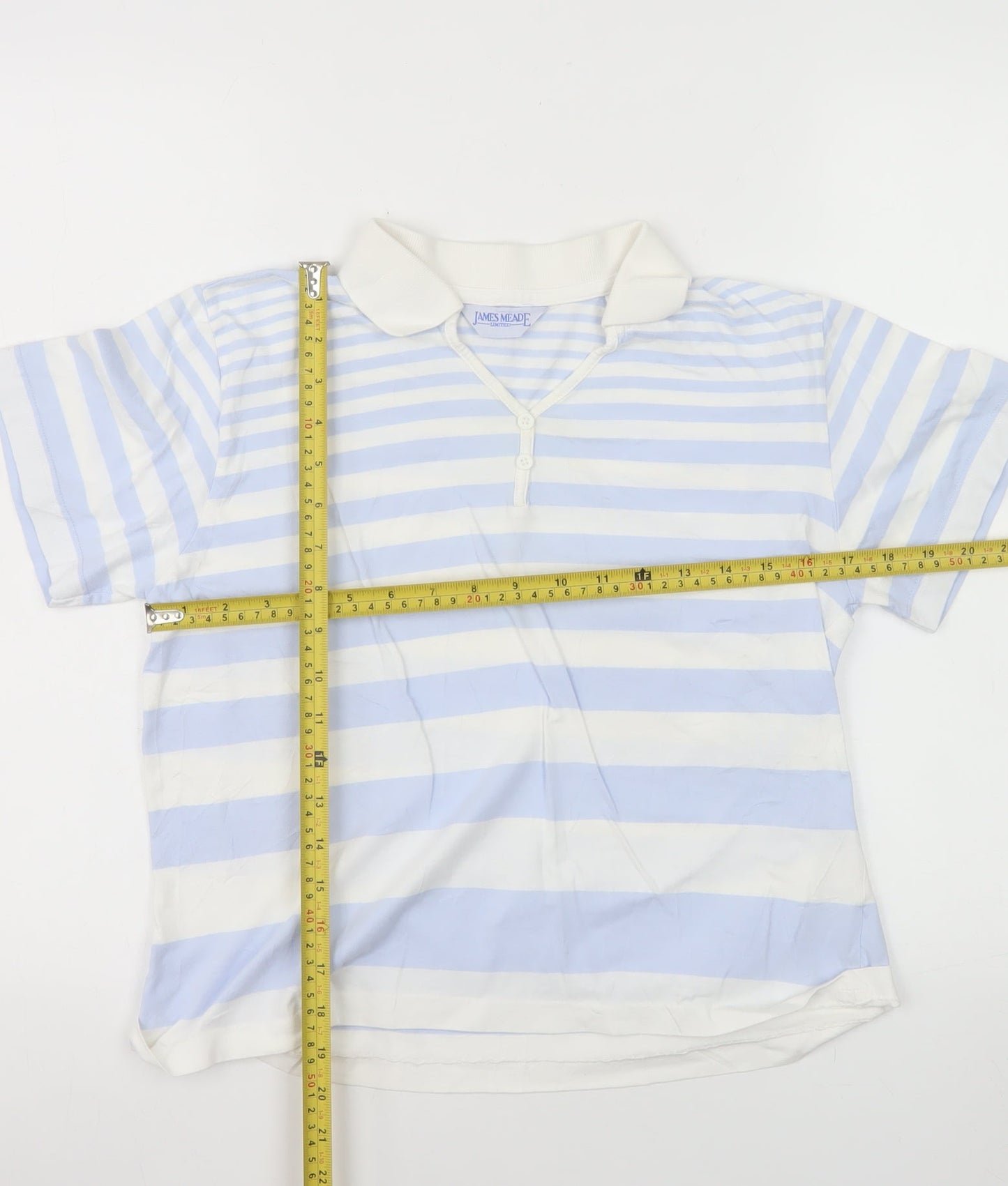 James Meade Women Blue White Striped Cotton Polo Shirt M