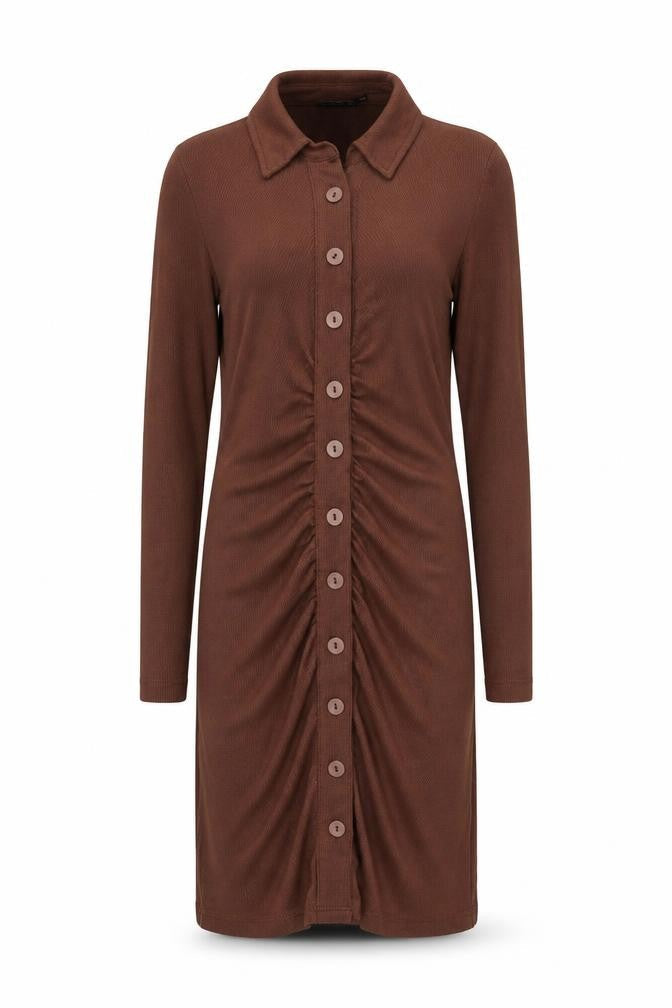 Stradivarius Women Brown Collared Ruched Button Stretch Shirt Dress Size 8